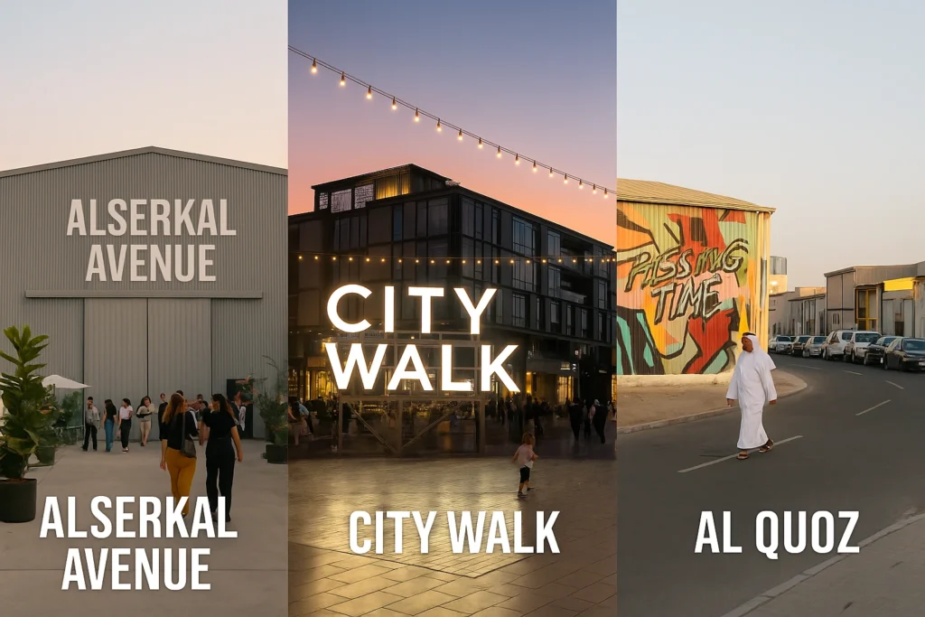 "Composite image showcasing popular Dubai street style neighborhoods and shopping areas including Alserkal Avenue, City Walk, and Al Quoz, highlighting urban fashion hotspots for men"