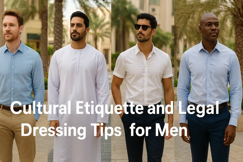"Four men dressed in culturally appropriate summer outfits in UAE including kandura, collared shirts, and modest clothing, standing in a Dubai cityscape with palm trees"