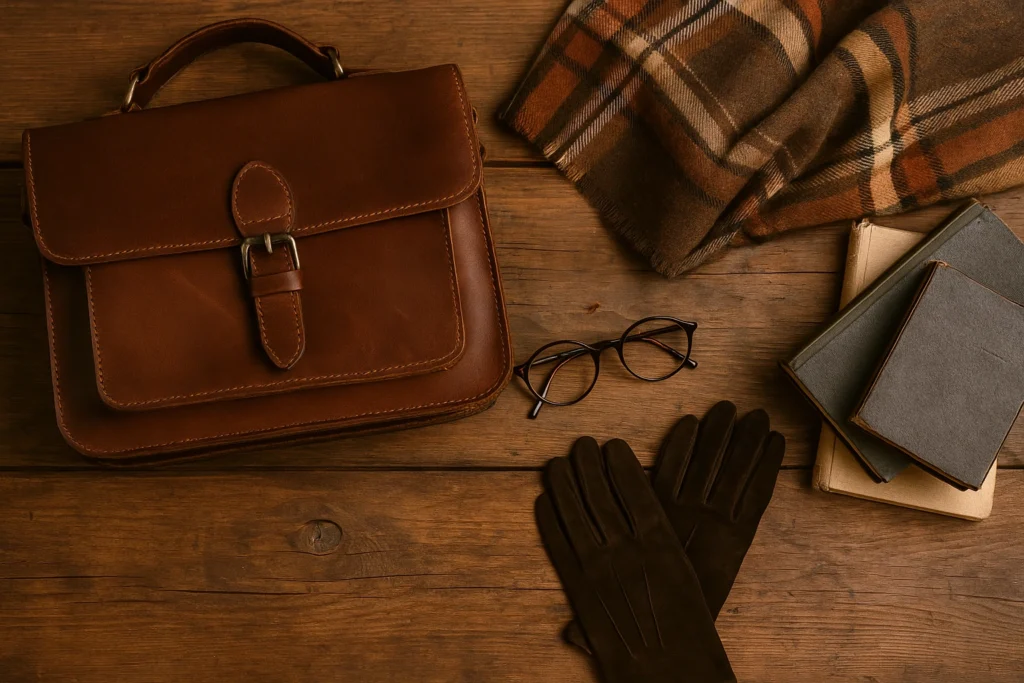 Flat lay of dark academia accessories including a leather satchel, plaid scarf, vintage eyeglasses, suede gloves, and classic books on a wooden table