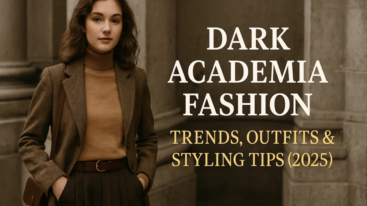 Young woman in dark academia fashion wearing a tweed blazer, turtleneck, and pleated skirt in a vintage architectural setting