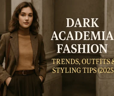 Young woman in dark academia fashion wearing a tweed blazer, turtleneck, and pleated skirt in a vintage architectural setting