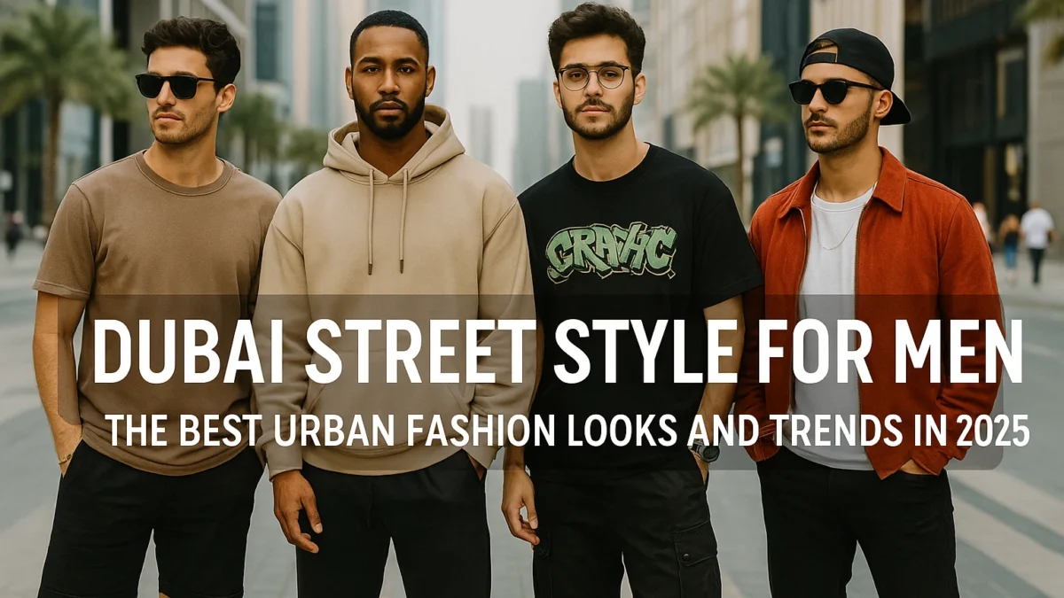 "Four stylish men wearing trendy streetwear outfits in Dubai’s urban environment showcasing the best of Dubai street style for men in 2025"