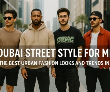 "Four stylish men wearing trendy streetwear outfits in Dubai’s urban environment showcasing the best of Dubai street style for men in 2025"