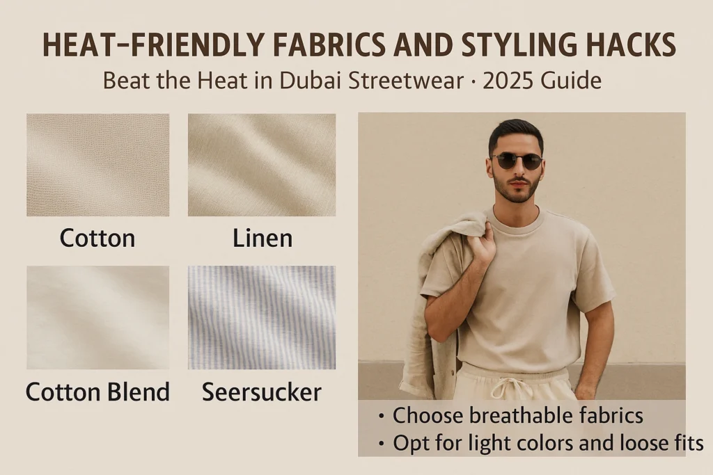 "Infographic collage showing heat-friendly fabrics like cotton and linen, along with styling tips to stay cool and stylish in Dubai’s hot climate for men’s streetwear"