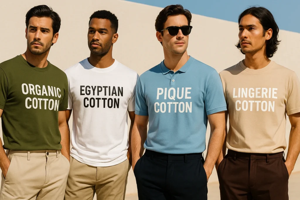 "Four men wearing summer T-shirts in UAE with different cotton types printed on them including organic cotton, Egyptian cotton, pique cotton, and lingerie cotton"