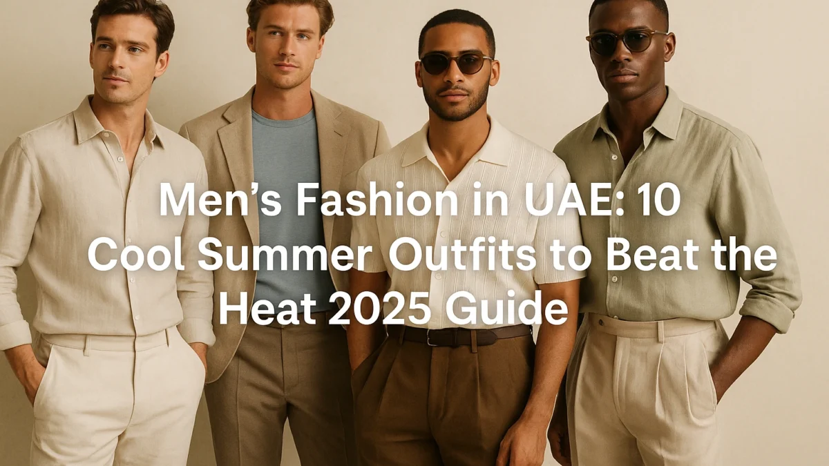 "Four stylish men wearing breathable summer outfits in UAE, including linen shirts, cotton trousers, and kandura, walking confidently in warm daylight with palm trees and modern architecture in the background"