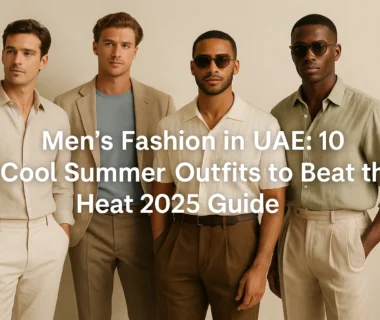 "Four stylish men wearing breathable summer outfits in UAE, including linen shirts, cotton trousers, and kandura, walking confidently in warm daylight with palm trees and modern architecture in the background"