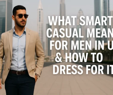 Smart casual men’s fashion in UAE – modern style guide with city background