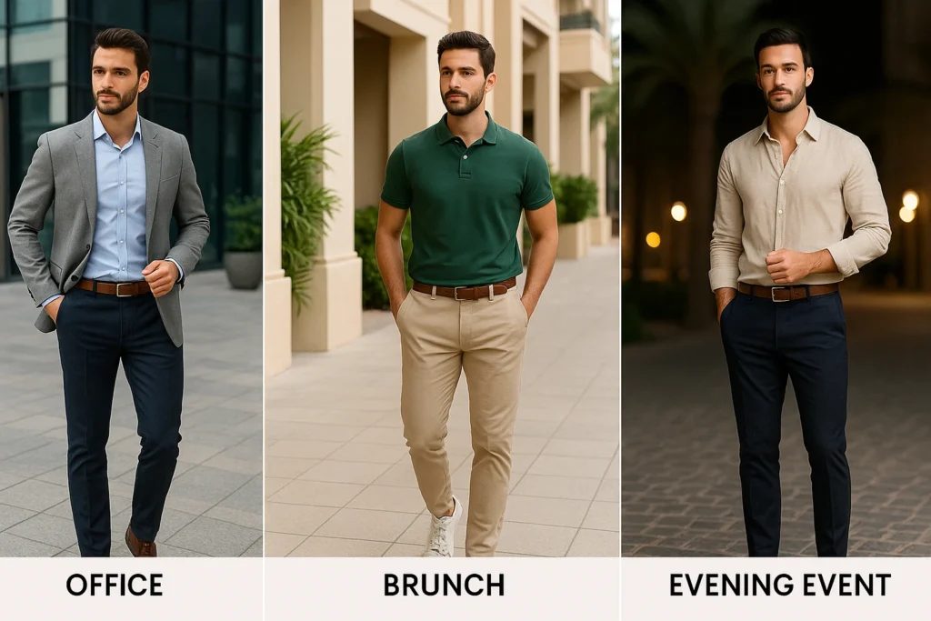 Smart casual outfit ideas for different occasions in UAE – office, brunch, and evening event looks for men