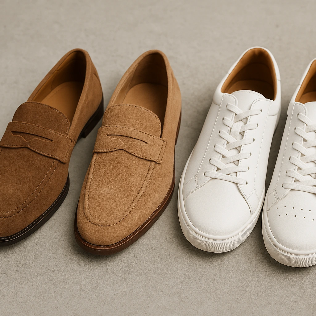 Best smart casual shoes for men in UAE – loafers and sneakers on concrete surface