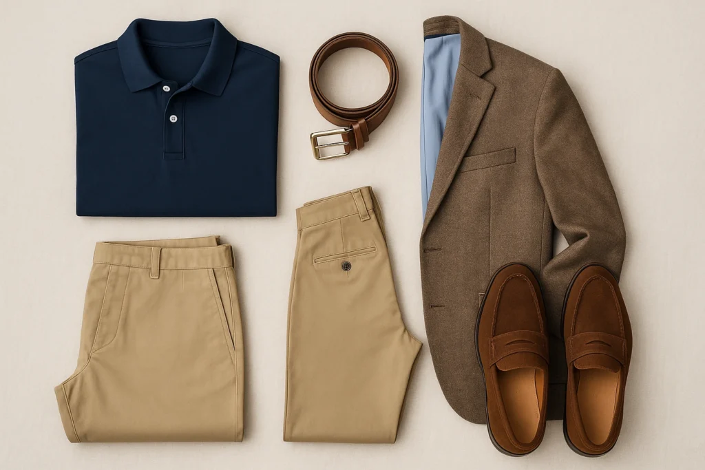 Essential smart casual wardrobe pieces for men in UAE including polo, chinos, loafers, and blazer
