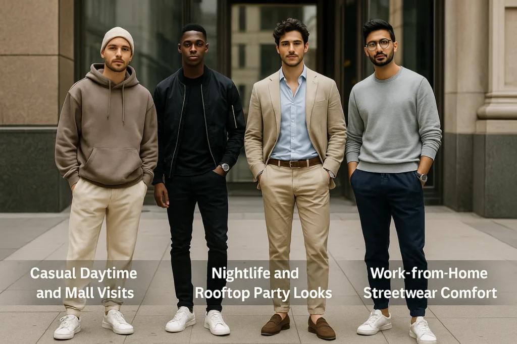"Four stylish men showcasing streetwear outfits for casual daytime, nightlife, smart casual, and work-from-home looks in Dubai’s urban fashion scene"