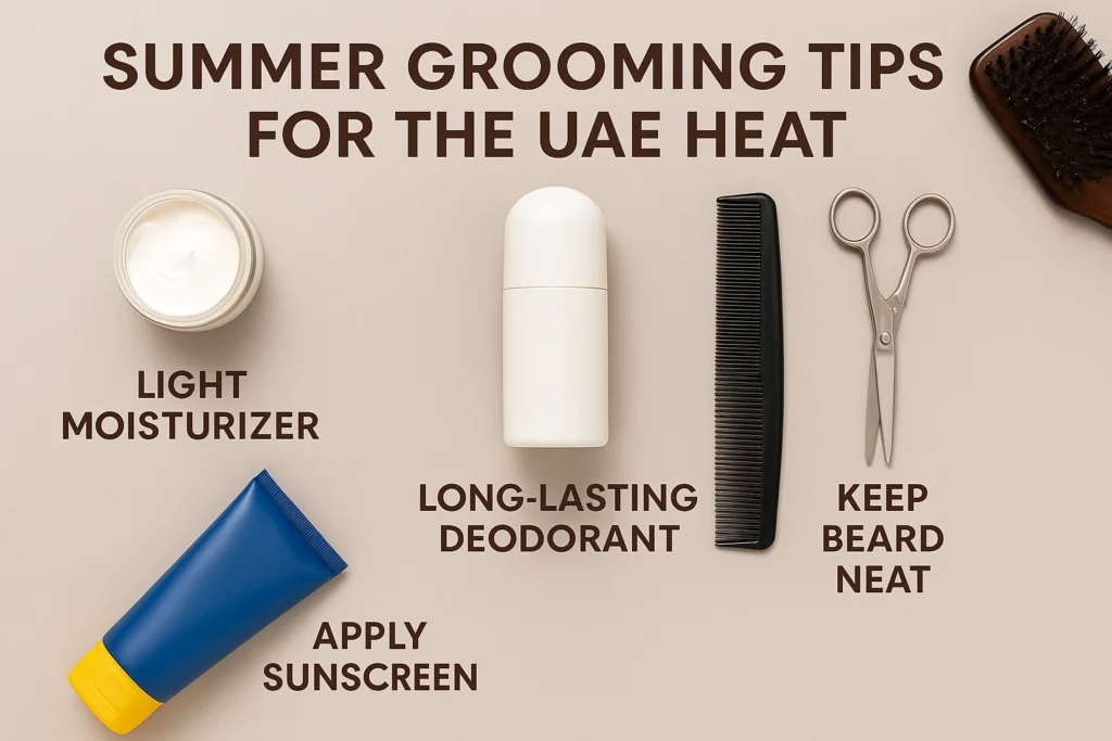 "Flat lay of men’s summer grooming essentials for UAE heat including light moisturizer, sunscreen, long-lasting deodorant, beard scissors, comb, and brush"