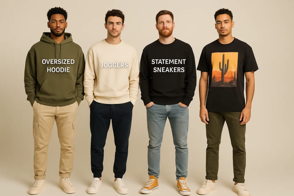 "Four young men wearing essential streetwear pieces including oversized hoodies, joggers, graphic tees, and statement sneakers, showcasing Dubai’s urban fashion trends in 2025"