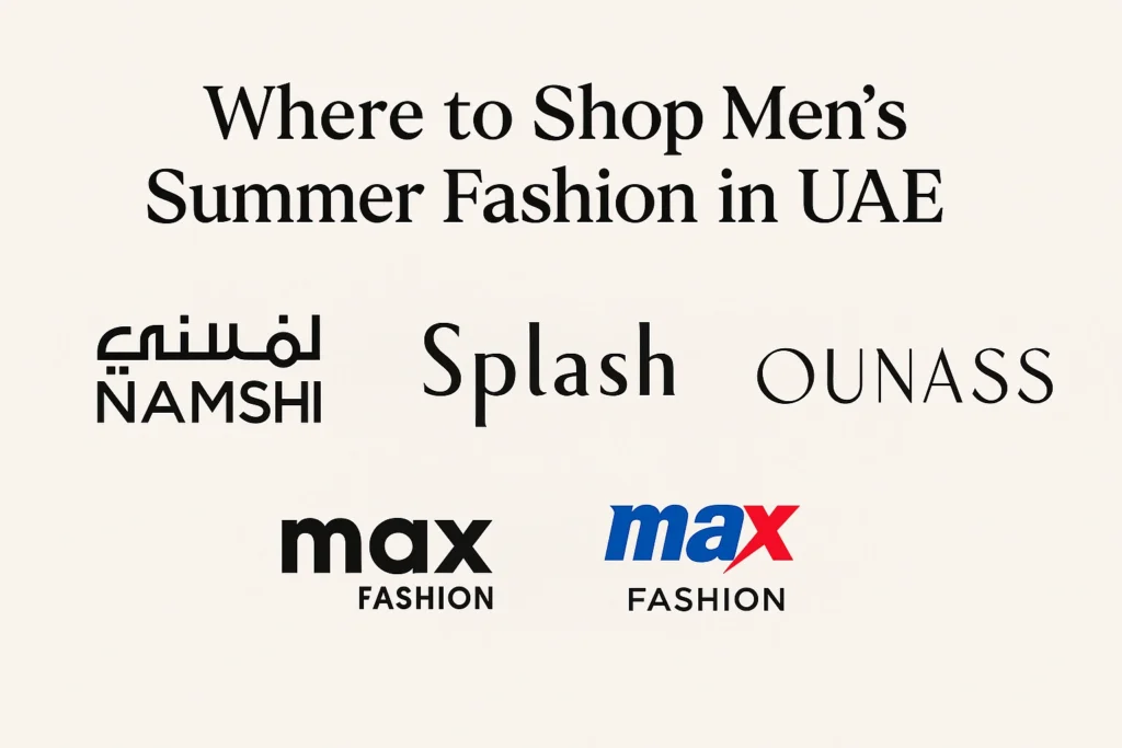 "Graphic showing logos of Namshi, Splash, Max Fashion, and Ounass as top online stores to shop men’s summer fashion in UAE"